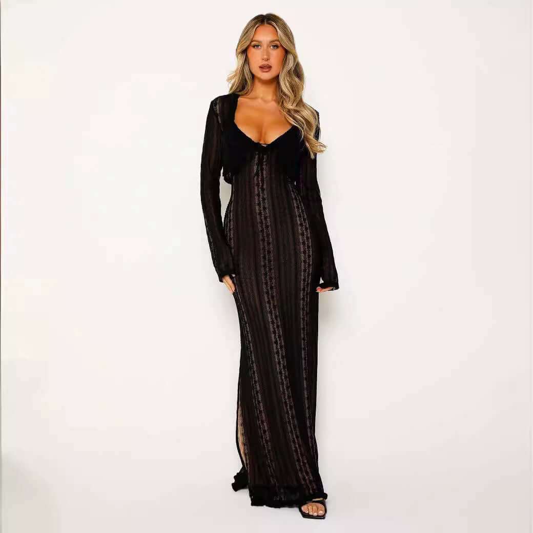 Women's long sleeve black chiffon dress with V-neck, lace details, and stylish design.