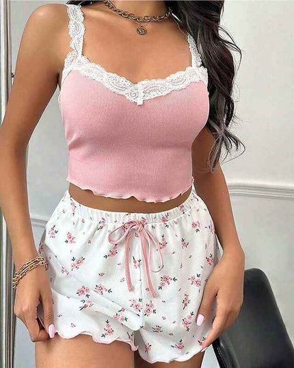 Ladies' homewear lace suspender shorts suit in pink, featuring a sleeveless design with comfortable polyester fiber for lounging.