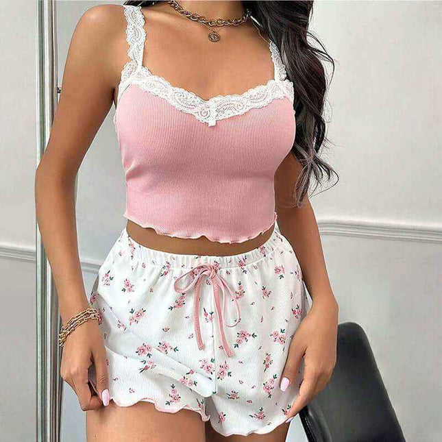 Ladies' homewear lace suspender shorts suit in pink, featuring a sleeveless design with comfortable polyester fiber for lounging.