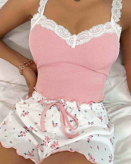 Ladies' Homewear Lace Suspender Shorts Suit in pink with lace detailing.