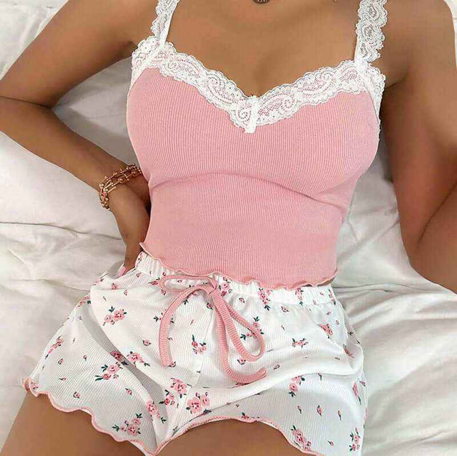 Ladies' Homewear Lace Suspender Shorts Suit in pink with lace detailing.