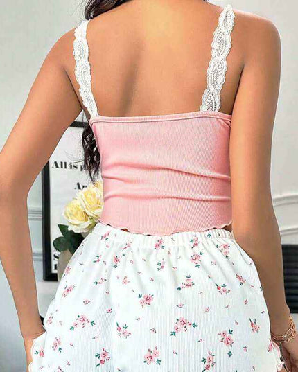 Ladies' homewear lace suspender shorts suit in pink with floral design, featuring a sleeveless style for comfortable indoor and outdoor wear.