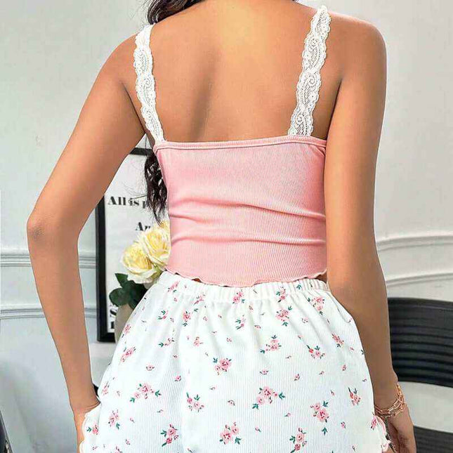 Ladies' homewear lace suspender shorts suit in pink with floral design, featuring a sleeveless style for comfortable indoor and outdoor wear.