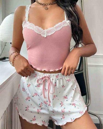 Ladies' Homewear Lace Suspender Shorts Suit in pink, featuring sleeveless design and lace details.