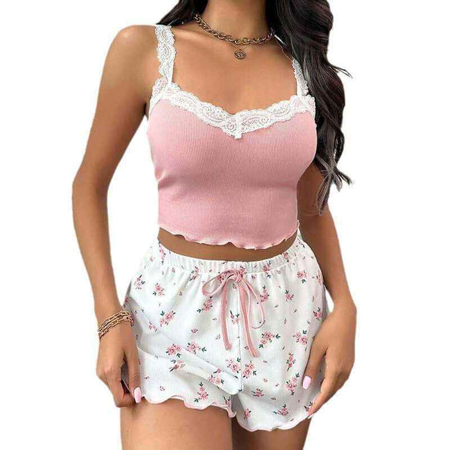 Ladies' homewear lace suspender shorts suit in pink, comfortable and breathable for loungewear.