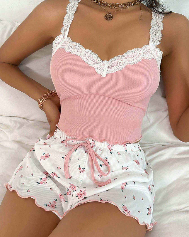 Ladies' homewear lace suspender shorts suit in pink with floral pattern, sleeveless and comfortable for lounging.