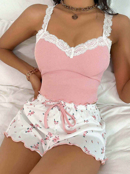 Ladies' Homewear Lace Suspender Shorts Suit in pink with floral shorts, comfortable and breathable design.