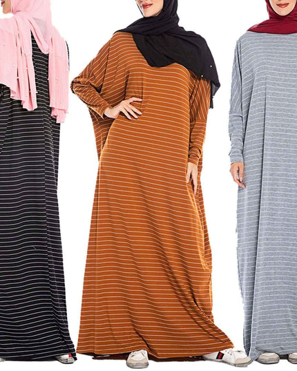 Large women's fashion long sleeve striped casual dress in various colors.