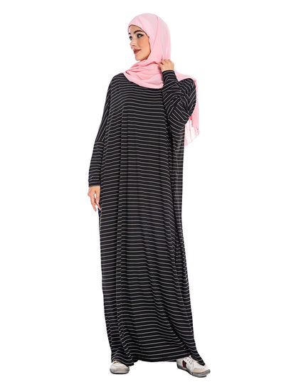 Large Women's Fashion Comfortable Bat Long Sleeve Stripe Casual Long Dress - Plush Fashion Shop #