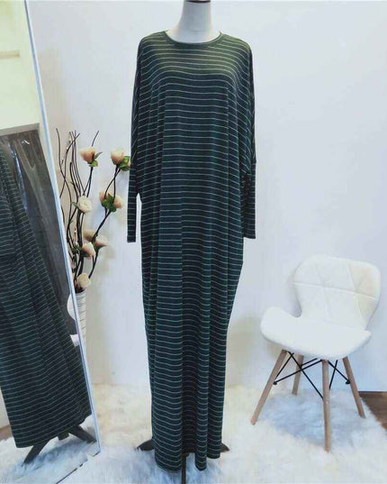 Large Women's Fashion Comfortable Bat Long Sleeve Stripe Casual Long Dress