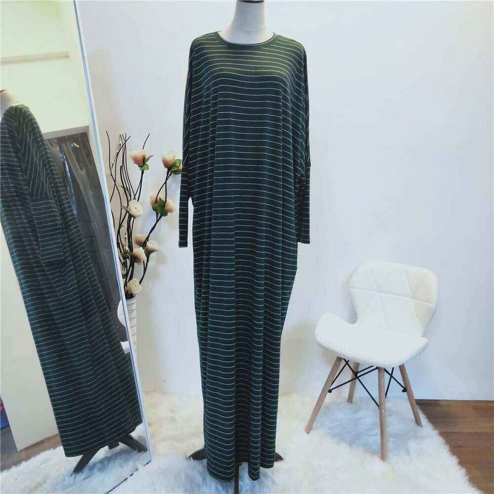 Large Women's Fashion Comfortable Bat Long Sleeve Stripe Casual Long Dress