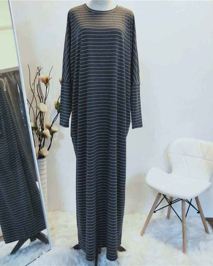 Large Women's Fashion Comfortable Bat Long Sleeve Stripe Casual Long Dress