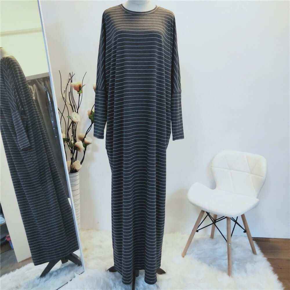 Large Women's Fashion Comfortable Bat Long Sleeve Stripe Casual Long Dress