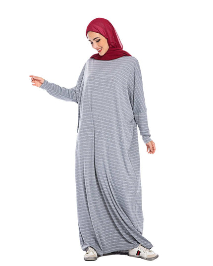 Large women's fashion bat long sleeve striped casual dress.