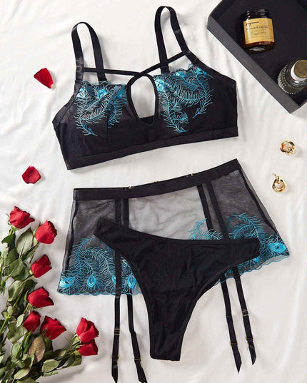 Three-piece black lingerie set with hollow-out design and mesh fabric, featuring intricate patterns and available in sizes S, M, L.