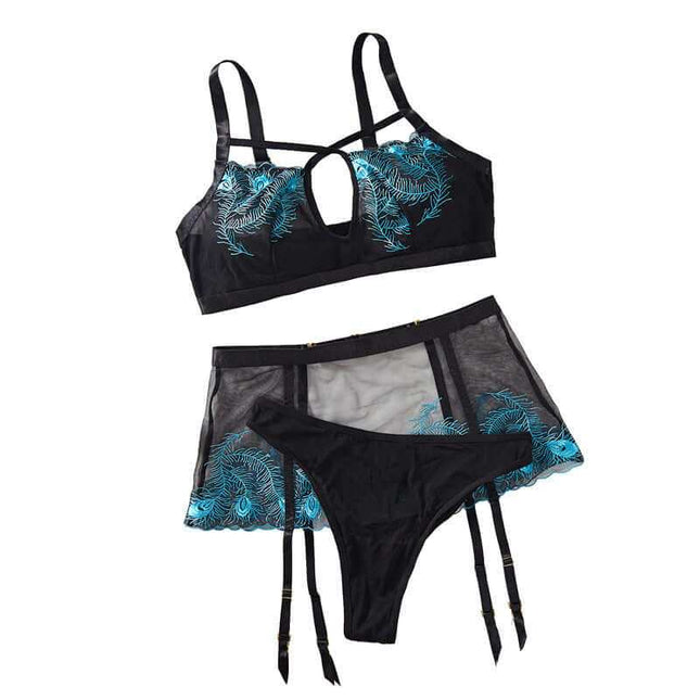 Black three-piece lingerie set with hollow-out design and breathable mesh fabric.