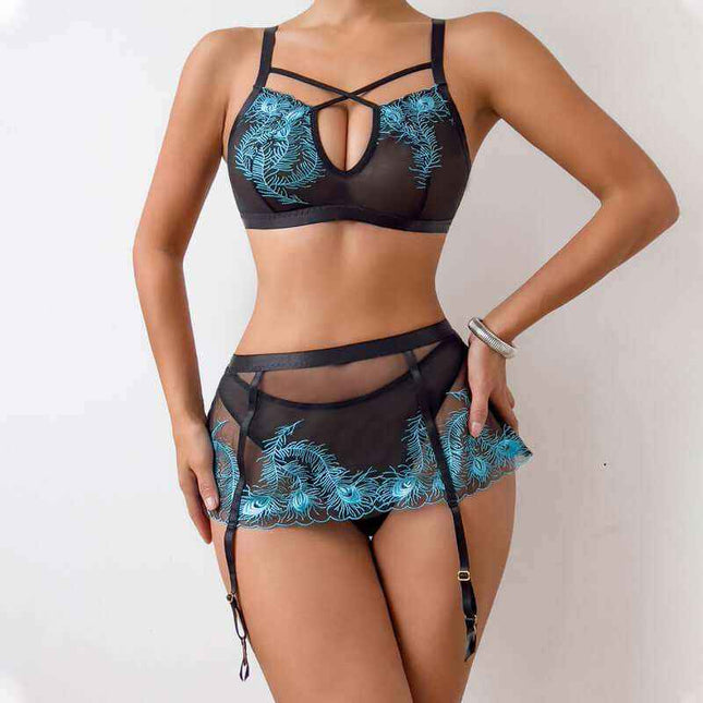 Three-piece black lingerie set with hollow-out design and blue accents.