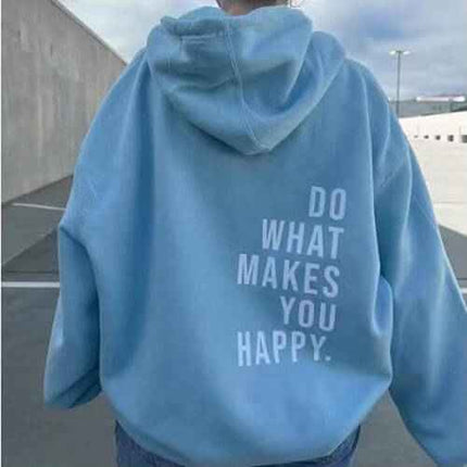 Loose sport hoodie with "Do What Makes You Happy" print, showcasing street hipster style in milk silk fabric.