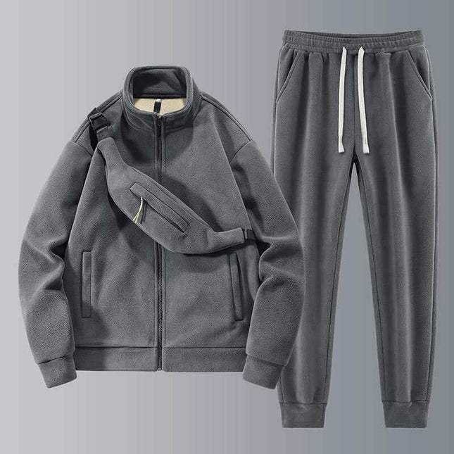 Men's Fleece Thickened Warm Casual Sports Set in gray, featuring long sleeve top, cropped pants, and shoulder bag.