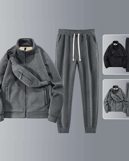 Men's Fleece Thickened Warm Casual Sports Set, gray and black options, with shoulder bag, long sleeve tops, cropped pants.