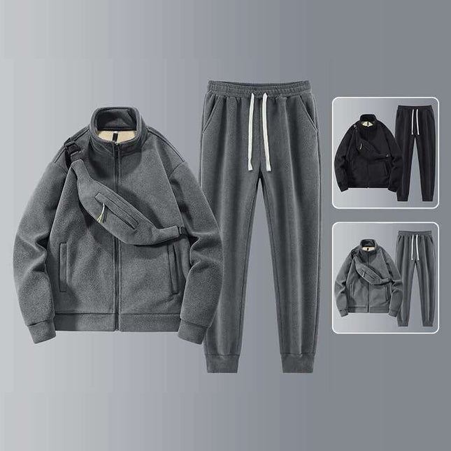 Men's Fleece Thickened Warm Casual Sports Set, gray and black options, with shoulder bag, long sleeve tops, cropped pants.