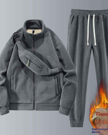 Men's fleece thickened warm casual sports set in gray with shoulder bag, featuring a zip-up top and cropped pants, ideal for autumn.