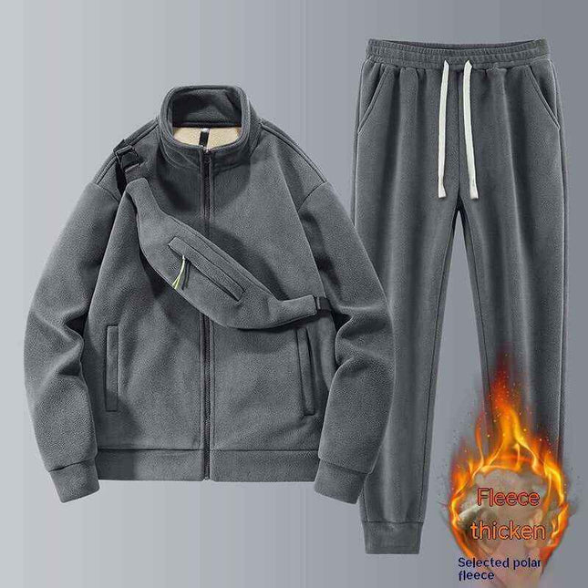 Men's fleece thickened warm casual sports set in gray with shoulder bag, featuring a zip-up top and cropped pants, ideal for autumn.