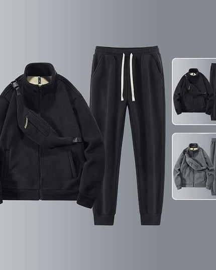 Men's Fleece Thickened Warm Casual Sports Set in black with shoulder bag, long sleeve top, and cropped pants.