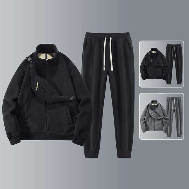 Men's Fleece Thickened Warm Casual Sports Set in black with shoulder bag, long sleeve top, and cropped pants.