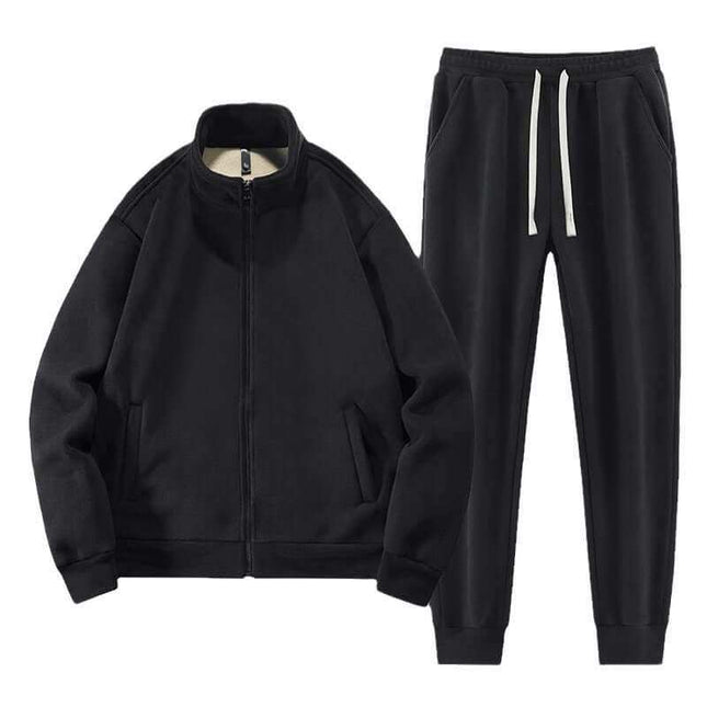 Men's fleece thickened warm casual sports set in black, featuring a long sleeve top and cropped pants, ideal for autumn leisure activities.