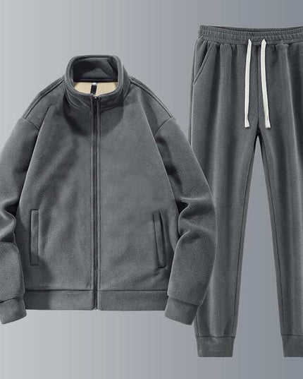 Men's fleece thickened warm sports set in gray with jacket and pants.