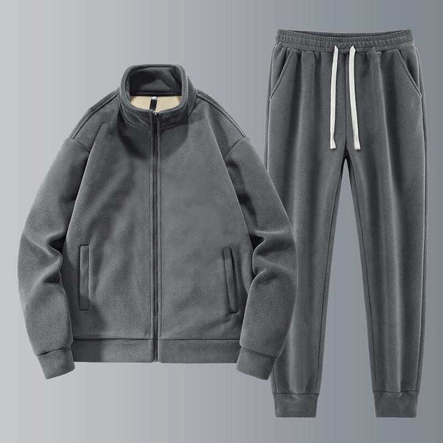 Men's fleece thickened warm sports set in gray with jacket and pants.