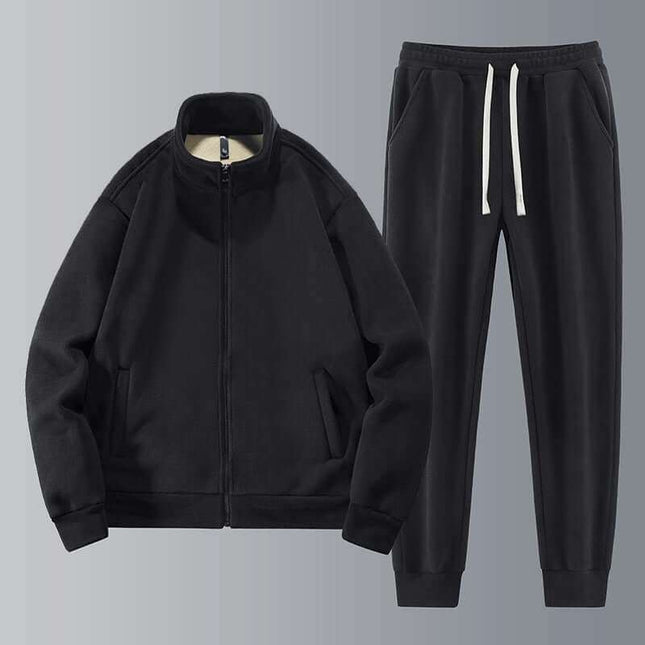 Men's Fleece Thickened Warm Casual Sports Set in black with shoulder bag, long sleeve top and cropped pants.