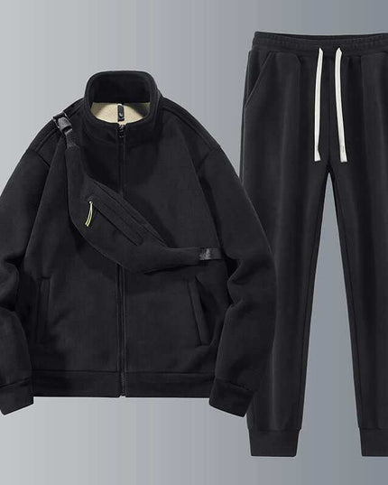 Men's fleece thickened warm casual sports set in black, featuring long sleeve top, cropped pants, and a shoulder bag.