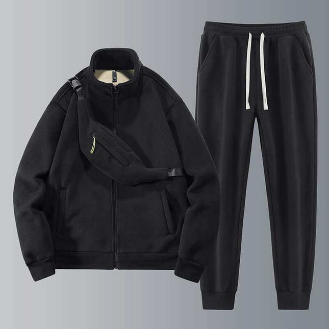 Men's fleece thickened warm casual sports set in black, featuring long sleeve top, cropped pants, and a shoulder bag.