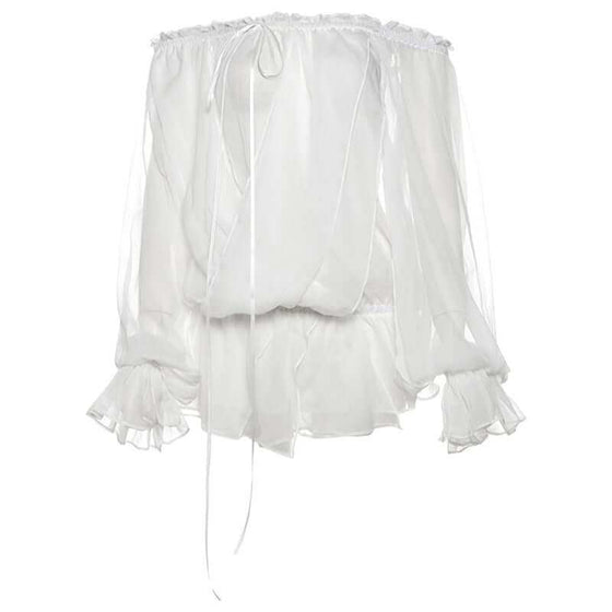 See-through white flared sleeves top with elegant bell sleeves, made from lightweight polyester.