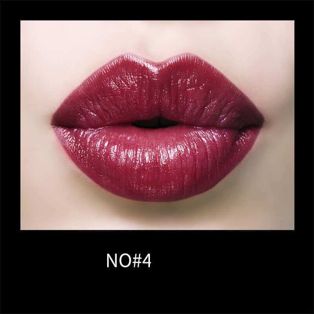 Plush Fashions moisturizing lipstick on lips, shade NO#4, vibrant and long-lasting.