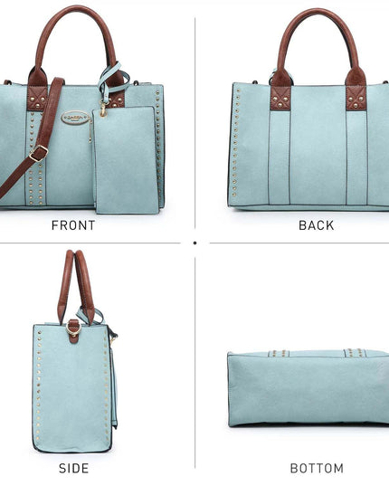 Professional women's 3-piece handbag set with tote, shoulder bag, and clutch in stylish blue.