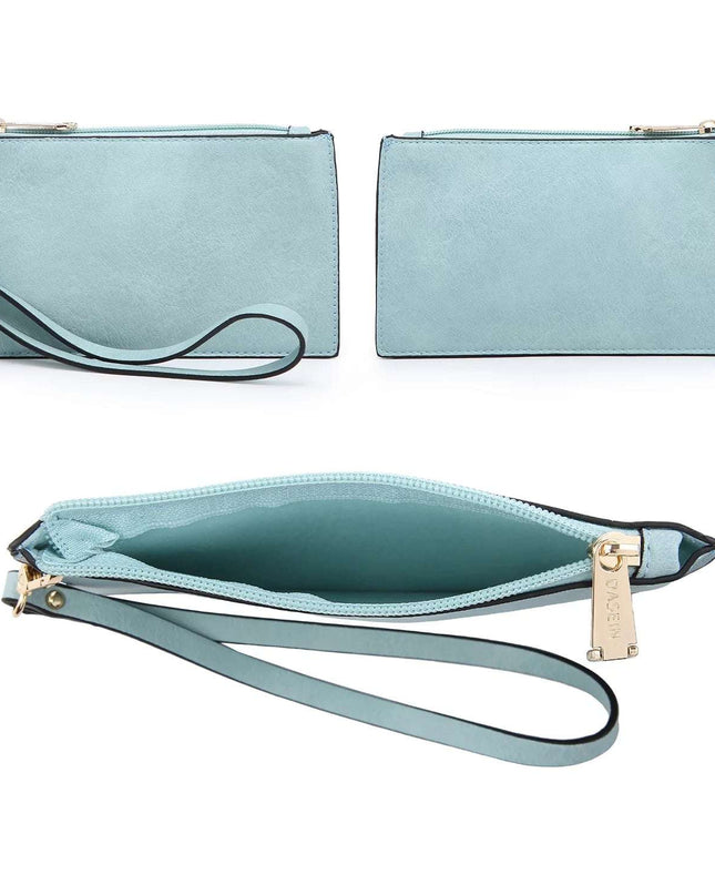 Professional women's 3-piece handbag set with a tote, shoulder bag, and clutch in light blue.