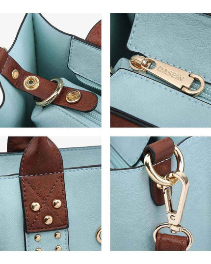 Close-up details of Professional Women's 3-Piece Handbag Set in blue with brown accents.