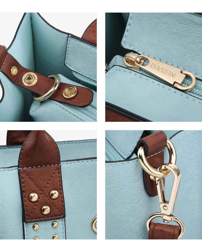 Close-up details of Professional Women's 3-Piece Handbag Set in blue with brown accents.