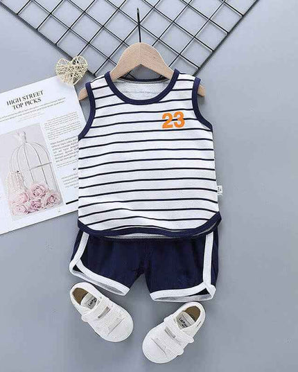 Pure cotton boys and girls suit with striped sleeveless top and shorts, perfect for summer.