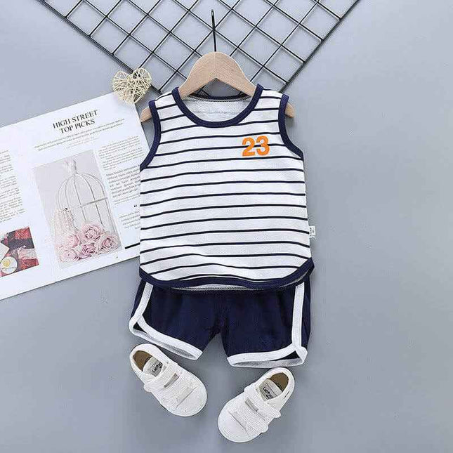 Pure cotton boys and girls suit with striped sleeveless top and shorts, perfect for summer.