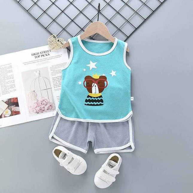 Pure cotton boys and girls suit with cartoon animal pattern, sleeveless top, and shorts set.