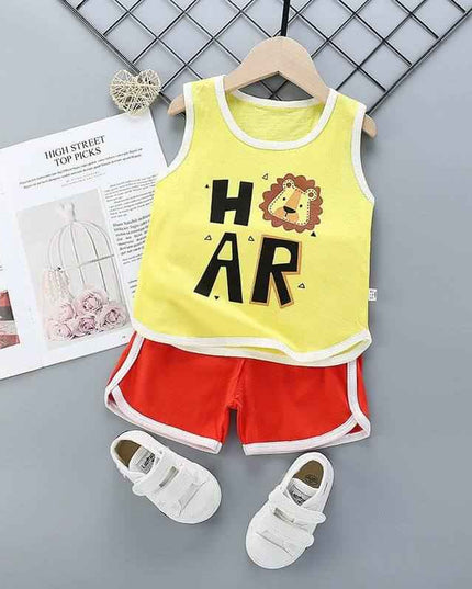 Pure cotton suit for boys and girls with sleeveless pullover top, cartoon pattern, and red shorts.