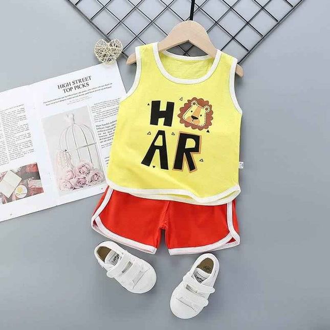 Pure cotton suit for boys and girls with sleeveless pullover top, cartoon pattern, and red shorts.