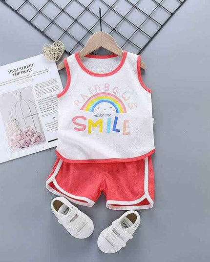 Pure cotton suit for boys and girls, sleeveless top with rainbow design and matching shorts, ideal for summer wear.