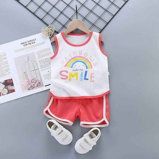 Pure cotton suit for boys and girls, sleeveless top with rainbow design and matching shorts, ideal for summer wear.