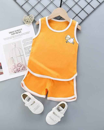 Pure cotton boys and girls suit with cartoon pattern, sleeveless top, and shorts, perfect for summer wear.