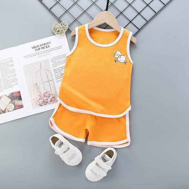 Pure cotton boys and girls suit with cartoon pattern, sleeveless top, and shorts, perfect for summer wear.